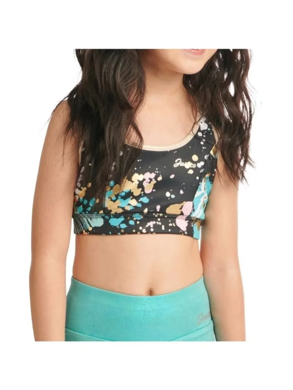 Justice Reversible Crisscross Sports Bra Girls 14/16 Black Gold New Splatter Me